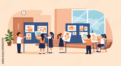 Students show art projects in a classroom during an exhibition event focused on creativity and teamwork