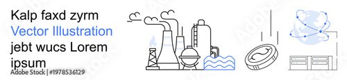 Industry, sustainability, global trade, finance, technology, innovation. Icon-style factory with smoke stacks, coin and global network. Industry and sustainability visual