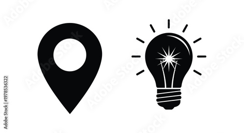 A black silhouette of a location pin and a glowing lightbulb are displayed side by side