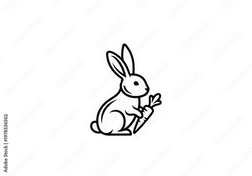 Obraz premium Cute rabbit holding carrot, black and white illustration