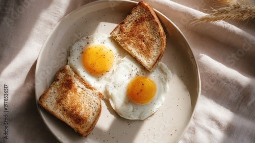 Breakfast still life fried eggs and toast on a ceramic plate