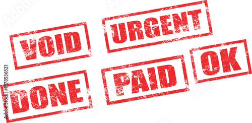 Red rubber stamps with urgent, void, done, paid, and ok text