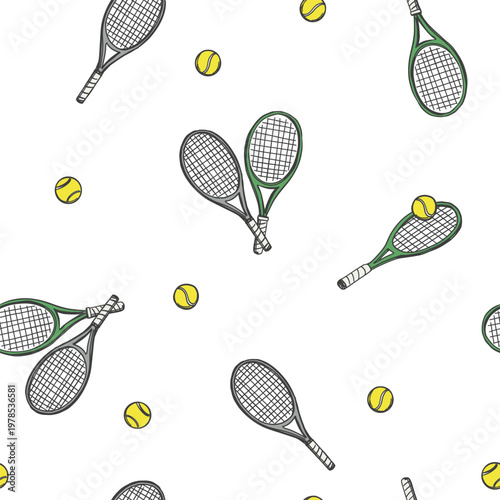 Tennis rackets and ball, seamless vector pattern