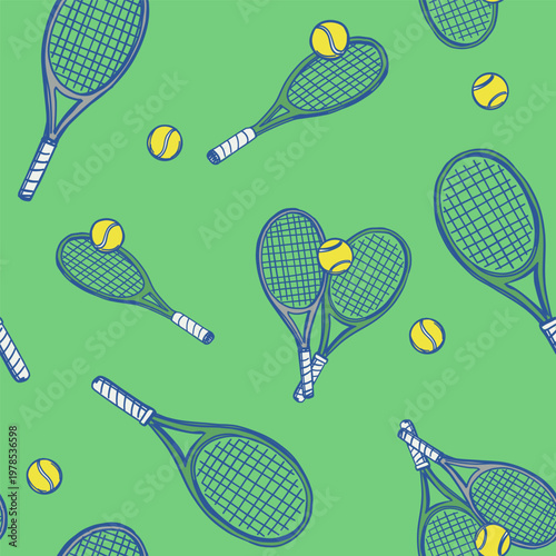 Tennis rackets and ball, seamless vector pattern