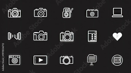 Camera and media icons set against dark background for various applications