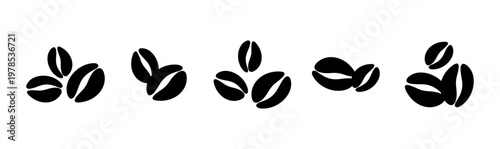 Coffee beans black silhouette set of icons isolated on transparent background hand-drawn vector illustration. Simple coffee composition for design, label, coffee shop, menu, logo