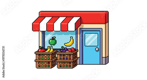 A charming pixel art vector illustration of a small fruit shop with a red striped awning and crates of fresh produce displayed outside the door.