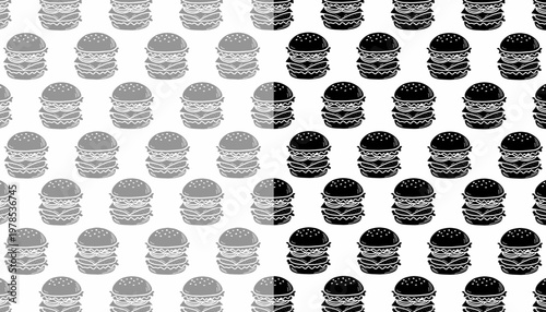 Burger Seamless Pattern. Hand Drawn Fast Food Illustration. Cheeseburger Repeating Background. Minimal Doodle Vector Texture.
