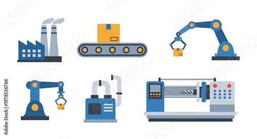 Industrial machinery and factory icons set.