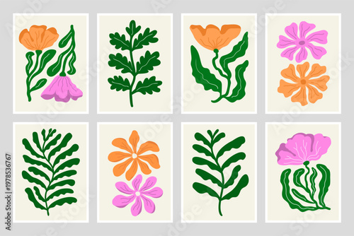 Hand drawn abstract floral poster design collection. Artistic compositions of flowers and leaves. Contemporary art stylized botanical drawings. EPS 10 vector illustration.