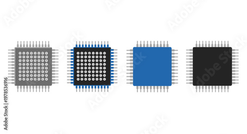 Four integrated circuits are displayed showcasing variations in packaging and internal structure