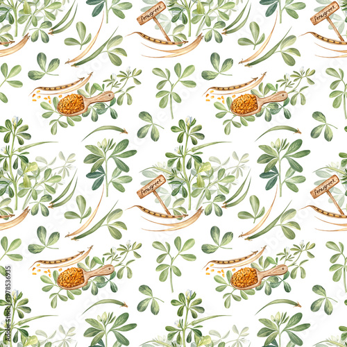 Botanical pattern of watercolor fenugreek leaves, flowers, seeds, bean pods, and a garden sign. Rustic and cottagecore style, elegant design for fabric and paper
