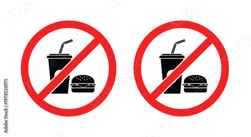 Two identical prohibition signs featuring a drink with a straw and a hamburger illustration