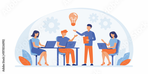 Team brainstorming session with a glowing lightbulb representing new ideas