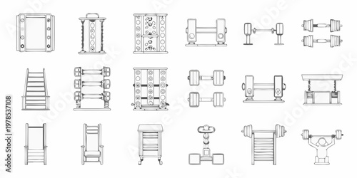 Detailed sketch of various gym equipment components and machine parts