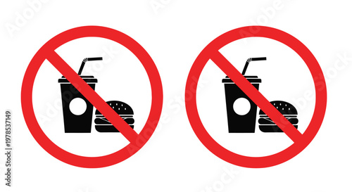 Prohibition signs depicting a burger and a drink with a straw indicating no food or beverages allowed