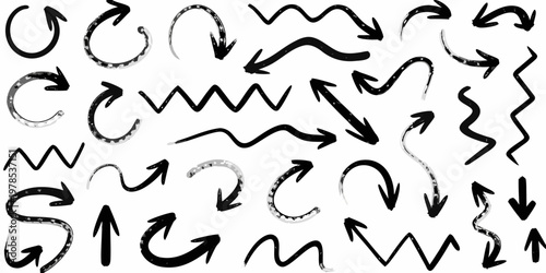 Collection of hand drawn black arrows and curved lines on a white background