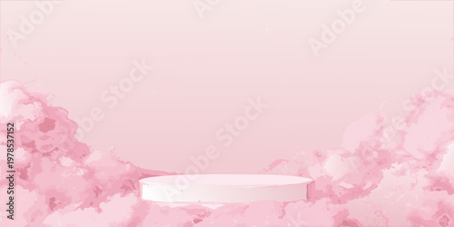 Minimalist pink stage with abstract cloudy formations in the background