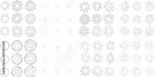 Arrangement of delicate circular floral patterns in grayscale tones