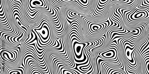 Optical illusion artwork featuring swirling black and white lines