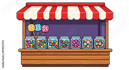 A pixel art illustration of a colorful candy stall with a red and white striped awning, featuring various jars of sweets and three large lollipops.