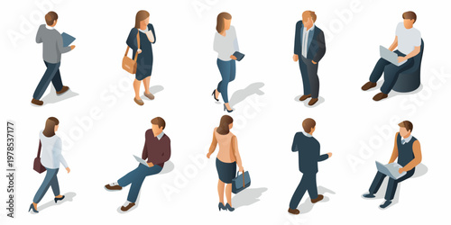 Isometric illustration of diverse people walking and interacting in a modern setting