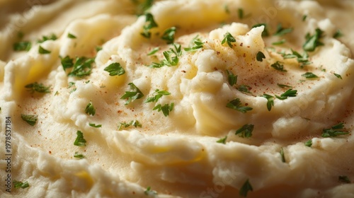 Close up of fluffy mashed potatoes sprinkled with parsley and spices