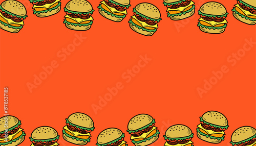 Burger Pattern. Hand Drawn Fast Food Illustration. Cheeseburger Repeating Background. Minimal Doodle Vector Texture.