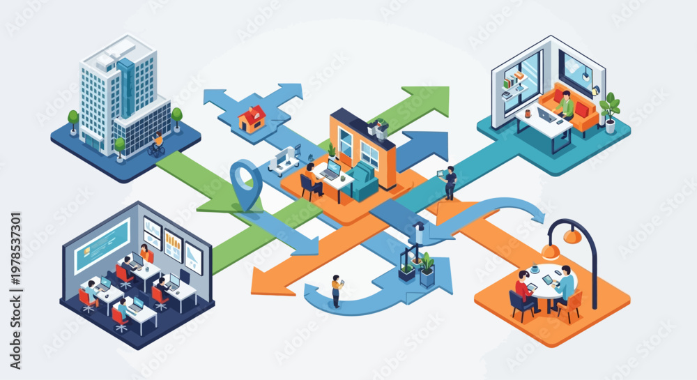 Fototapeta premium Isometric illustration of business process flow with office environments and teamwork.