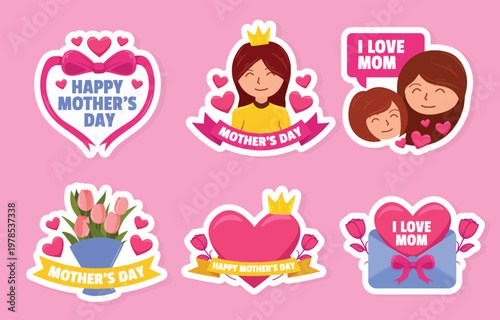 Colorful mother s day stickers featuring hearts flowers and loving mothers