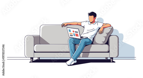 Young man relaxing on sofa while using laptop at home.