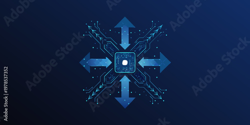 Abstract digital network with central processing unit and directional arrows