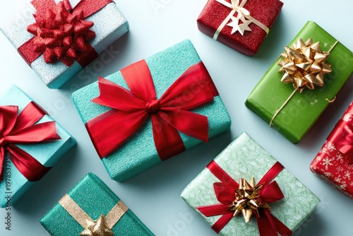 Colorful wrapped gift boxes with ribbons overhead view festive celebration