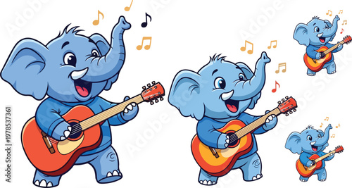 Cute cartoon elephant playing guitar vector illustration, happy blue elephant musician character with acoustic guitar, musical animal mascot set
