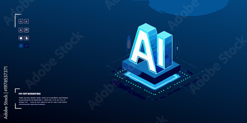Isometric illustration of an ai block with digital circuit board details
