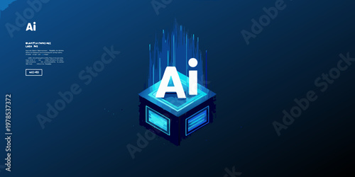 Isometric illustration of artificial intelligence with glowing cube and data streams