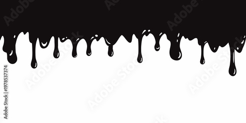 Black liquid drips and flows against a stark white background