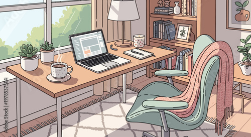 Cozy home office setup with laptop and plants on wooden desk by window.