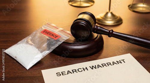 Search warrant with drug evidence bag and judge gavel, narcotics investigation and criminal law enforcement concept. 