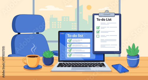 Modern workspace with laptop and digital to-do lists on screen.