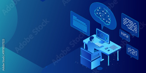 Isometric illustration depicting artificial intelligence and data analysis concepts