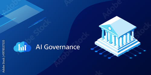 Ai governance concept with a neoclassical building and abstract data flow