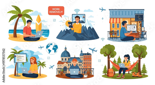 Illustrations depicting various remote work and telecommuting scenarios in different environments.
