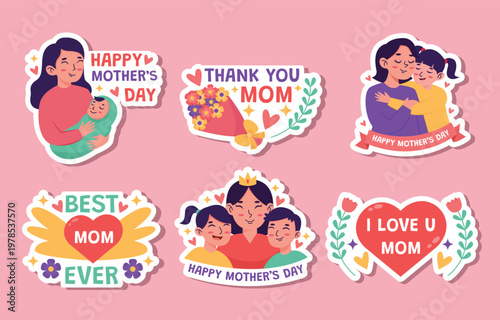 Colorful mother s day stickers featuring loving moms and heartfelt messages