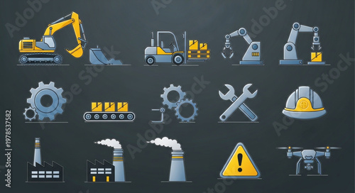 Industrial Icons Set Featuring Construction Machinery and Manufacturing Equipment.