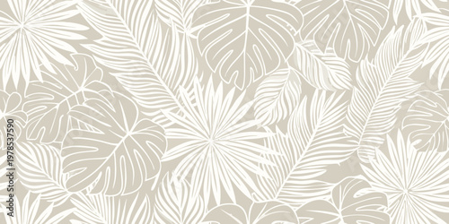 Elegant seamless pattern of tropical monstera and palm leaves