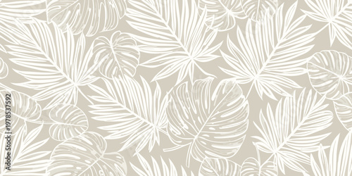 Elegant seamless pattern of tropical monstera and palm leaves