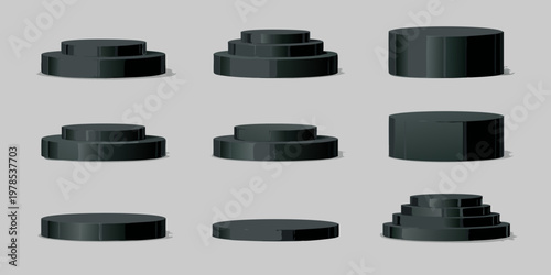 Black cylindrical platforms in varying stacked arrangements for product display