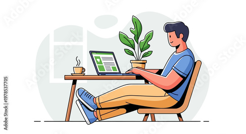 Man relaxing on chair while using smartphone with laptop and coffee on table.