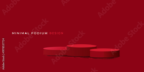Minimal red podium display with three cylindrical platforms for product showcase